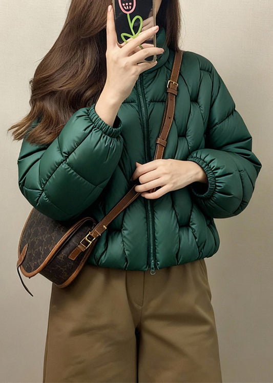 Parkas de invierno holgadas de algodón fino con cuello alto y cremallera en color verde liso