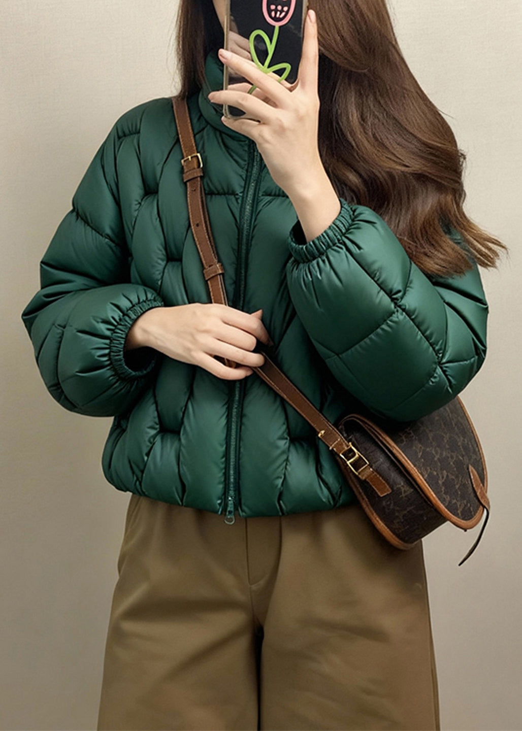 Loose Green Stand Collar Zip Up Solid Fine Cotton Filled Parkas Winter