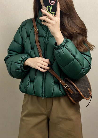 Loose Green Stand Collar Zip Up Solid Fine Cotton Filled Parkas Winter