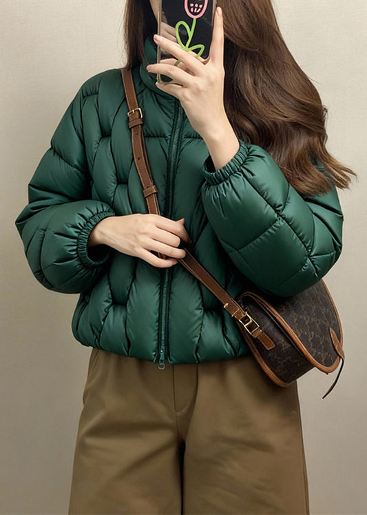 Parkas de invierno holgadas de algodón fino con cuello alto y cremallera en color verde liso