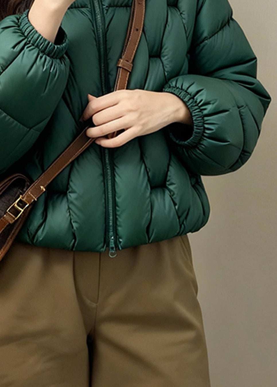 Loose Green Stand Collar Zip Up Solid Fine Cotton Filled Parkas Winter