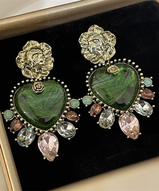 Pendientes colgantes con borlas de circonitas florales y cristales de plata de ley verde suelta