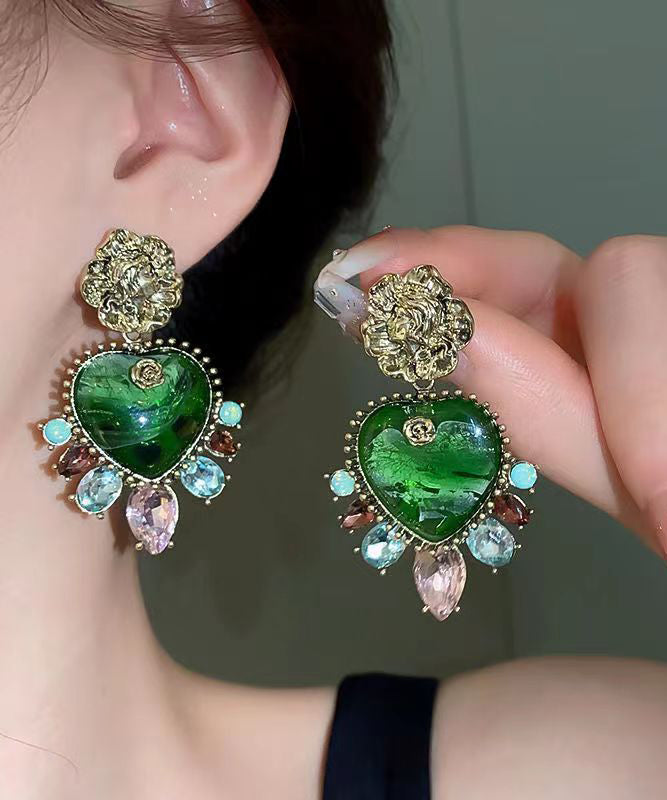 Pendientes colgantes con borlas de circonitas florales y cristales de plata de ley verde suelta