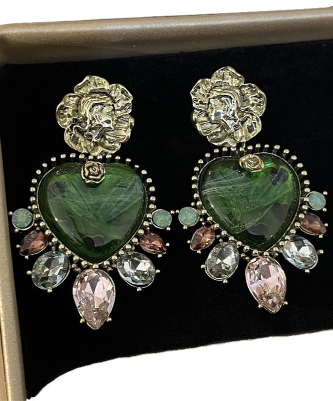 Pendientes colgantes con borlas de circonitas florales y cristales de plata de ley verde suelta