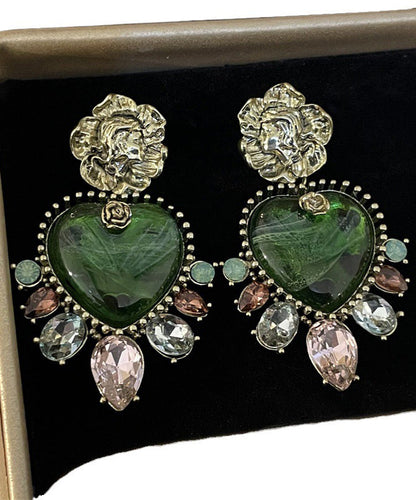 Pendientes colgantes con borlas de circonitas florales y cristales de plata de ley verde suelta