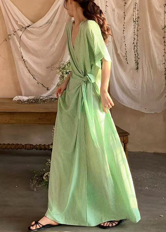 Loose Green Striped Lace Up Cotton Long Dresses Summer