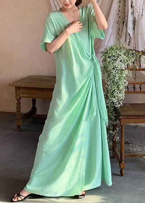 Loose Green Striped Lace Up Cotton Long Dresses Summer