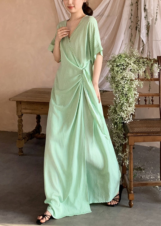 Loose Green Striped Lace Up Cotton Long Dresses Summer