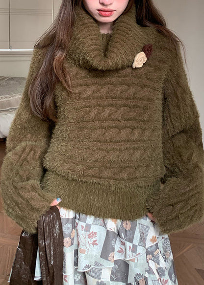 Suéteres holgados de cuello alto de algodón verde con estampado floral y acogedores para otoño