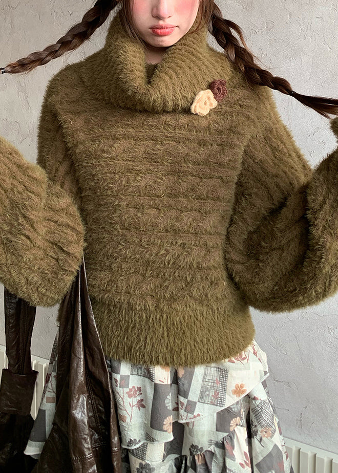 Suéteres holgados de cuello alto de algodón verde con estampado floral y acogedores para otoño