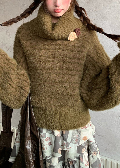 Suéteres holgados de cuello alto de algodón verde con estampado floral y acogedores para otoño