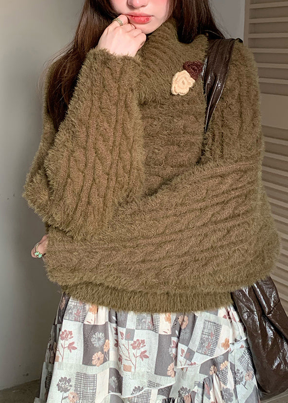 Suéteres holgados de cuello alto de algodón verde con estampado floral y acogedores para otoño