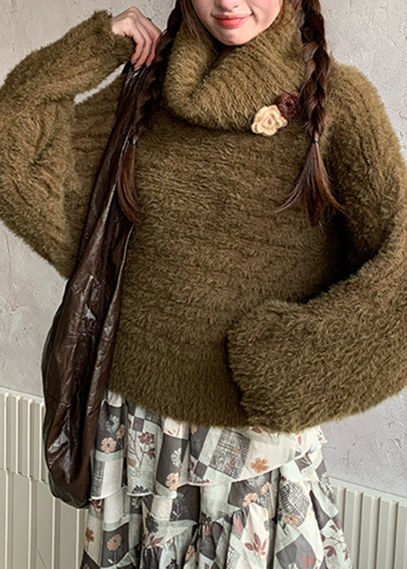 Suéteres holgados de cuello alto de algodón verde con estampado floral y acogedores para otoño