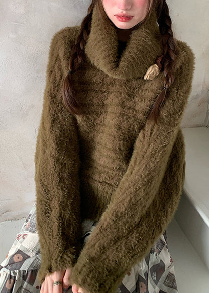 Suéteres holgados de cuello alto de algodón verde con estampado floral y acogedores para otoño