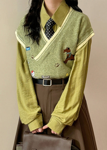 Loose Green V Neck Animal Cozy Knit Vest Sleeveless