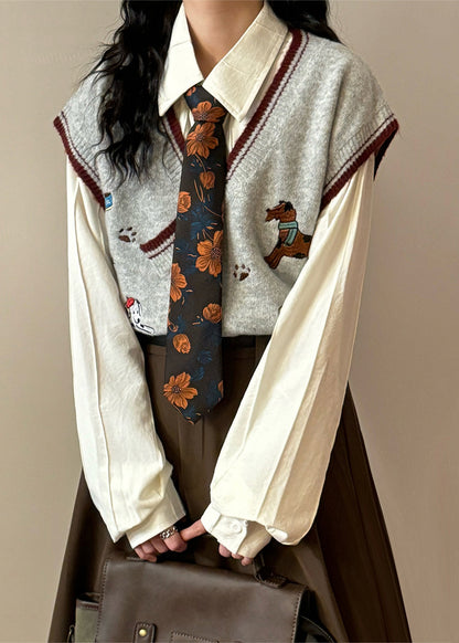 Loose Green V Neck Animal Cozy Knit Vest Sleeveless