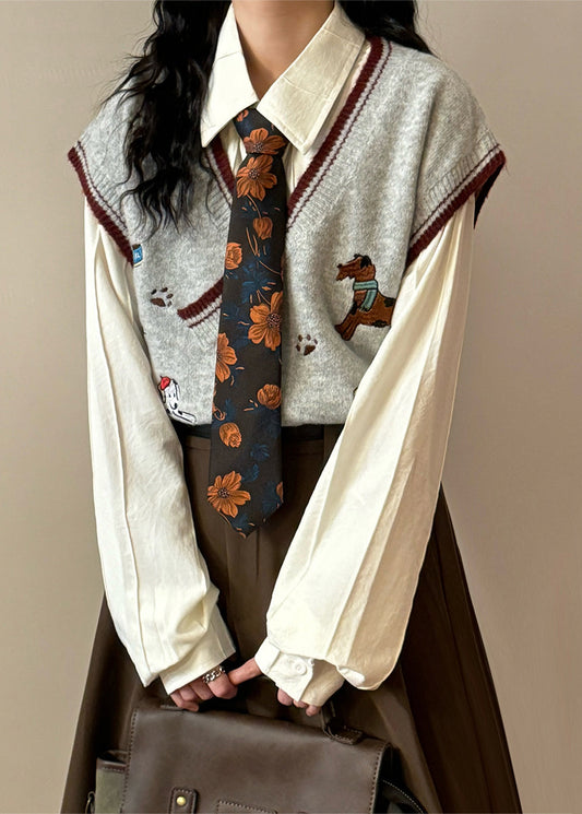 Loose Green V Neck Animal Cozy Knit Vest Sleeveless