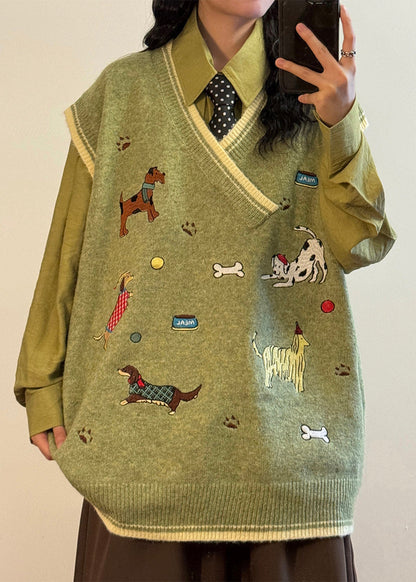 Loose Green V Neck Animal Cozy Knit Vest Sleeveless