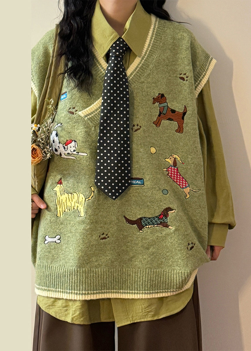 Loose Green V Neck Animal Cozy Knit Vest Sleeveless