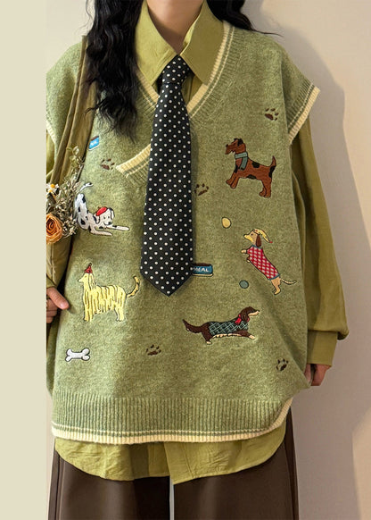 Loose Green V Neck Animal Cozy Knit Vest Sleeveless