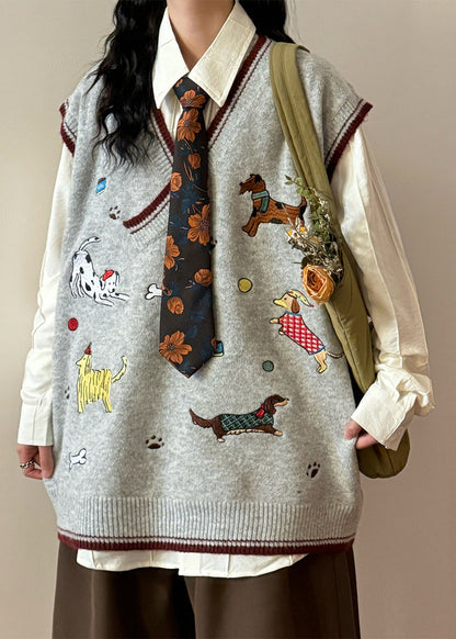 Loose Green V Neck Animal Cozy Knit Vest Sleeveless