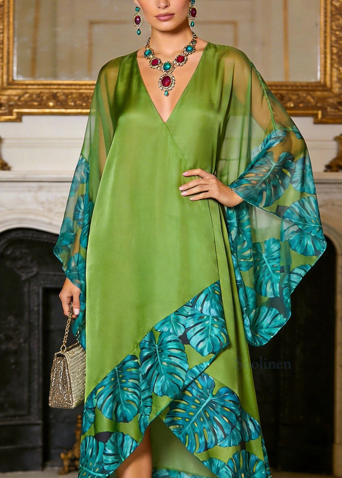 Loose Green V Neck Asymmetrical Design Patchwork Chiffon Dress Summer