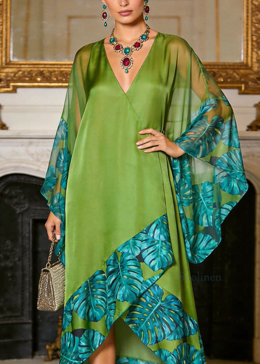 Loose Green V Neck Asymmetrical Design Patchwork Chiffon Dress Summer