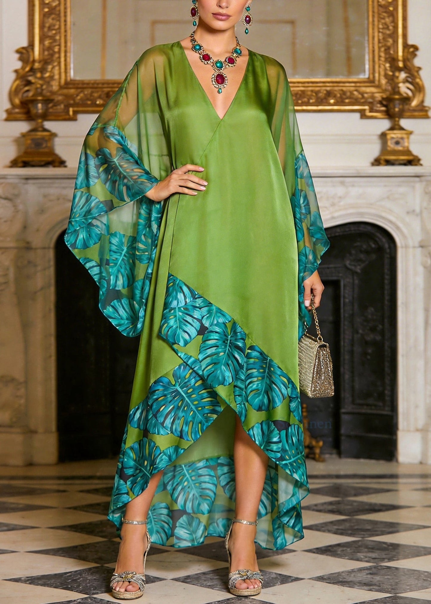 Loose Green V Neck Asymmetrical Design Patchwork Chiffon Dress Summer