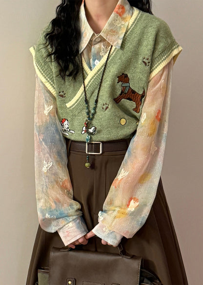 Loose Green V Neck Embroidered Animal Knit Vest Sleeveless