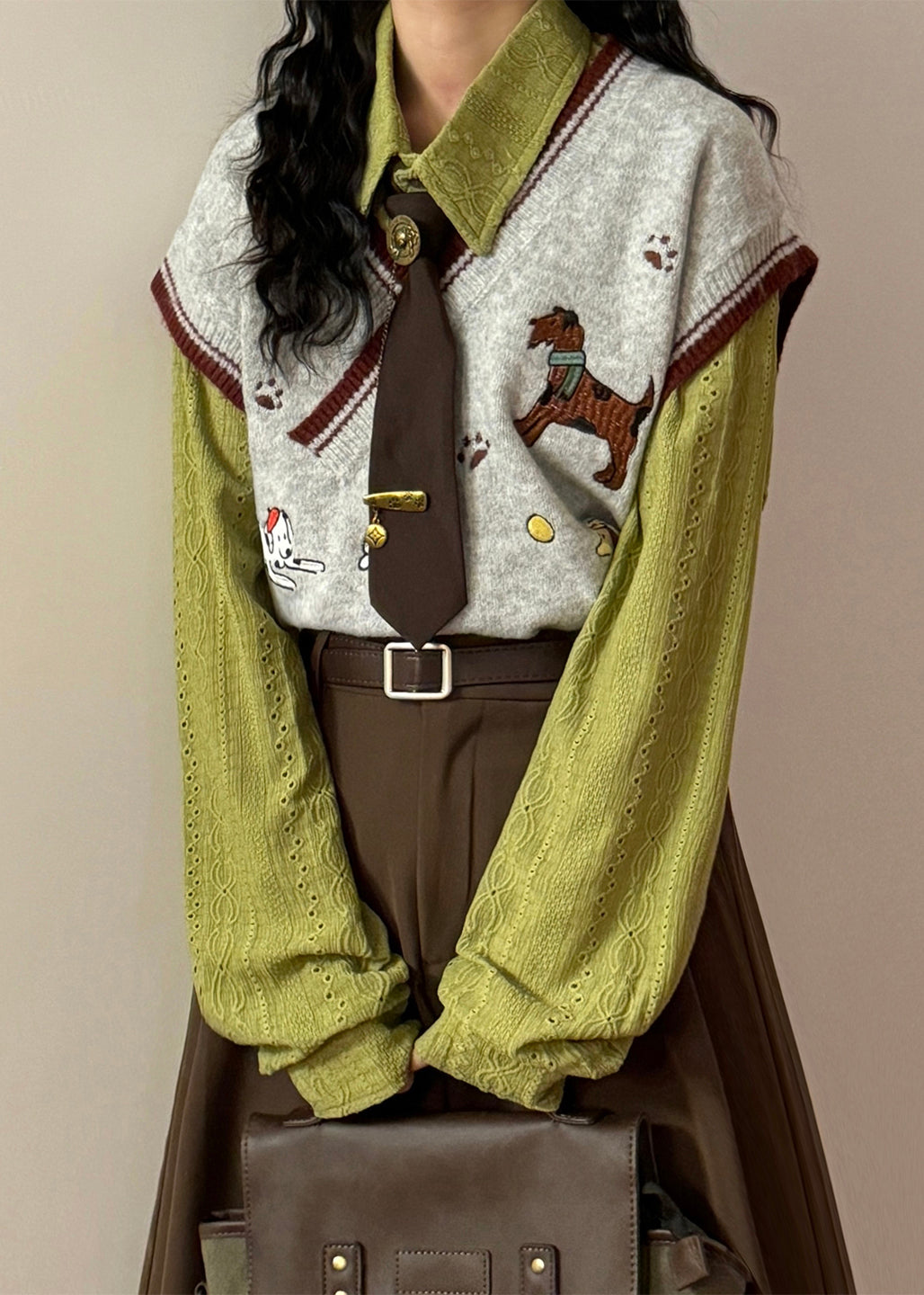 Loose Green V Neck Embroidered Animal Knit Vest Sleeveless