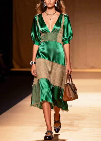 Loose Green V Neck Patchwork Linen Silk Maxi Dress Summer