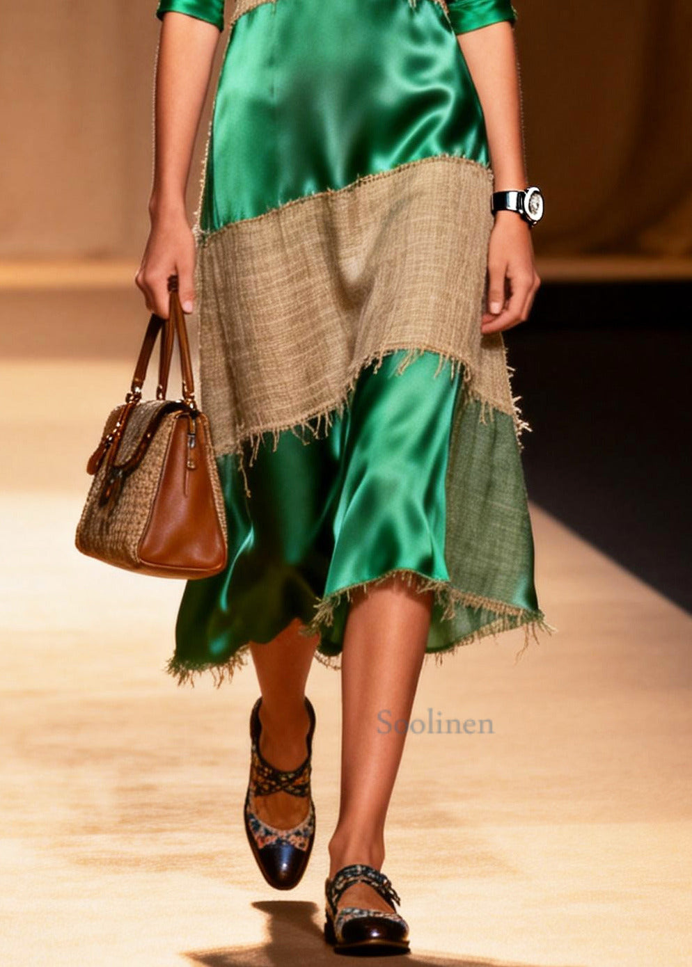 Loose Green V Neck Patchwork Linen Silk Maxi Dress Summer