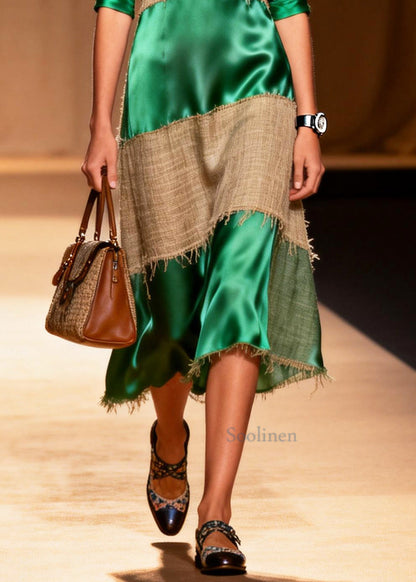 Loose Green V Neck Patchwork Linen Silk Maxi Dress Summer