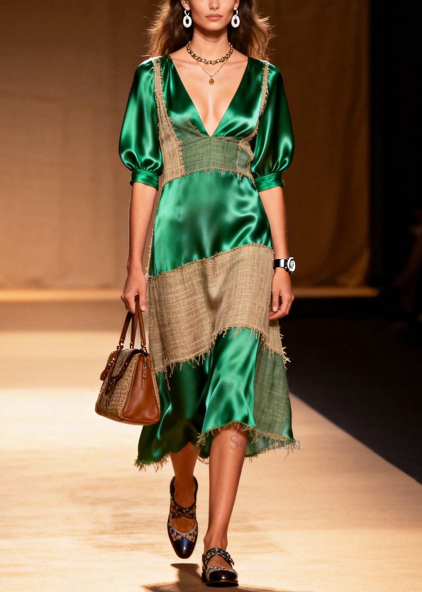 Loose Green V Neck Patchwork Linen Silk Maxi Dress Summer