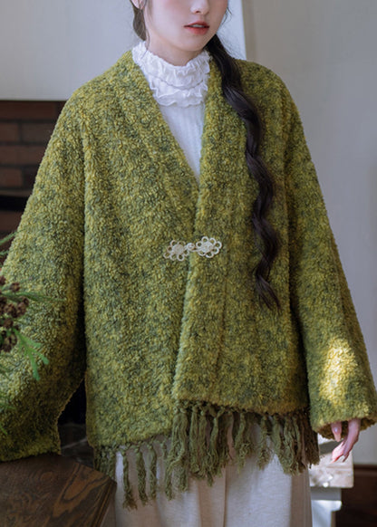 Abrigos de felpa cálidos de invierno con botones y borlas y cuello en V verde holgados