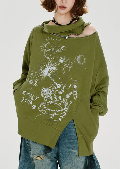 Loose Green Zip Up Print Cotton Pullover Sweatshirt Spring