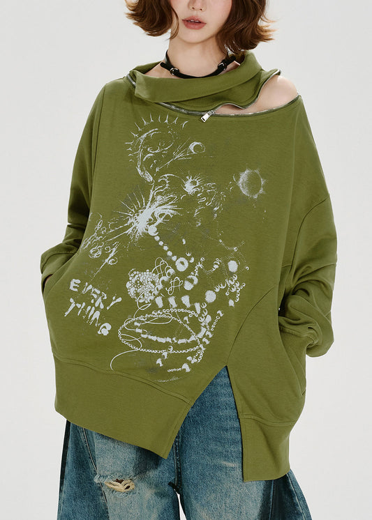 Loose Green Zip Up Print Cotton Pullover Sweatshirt Spring
