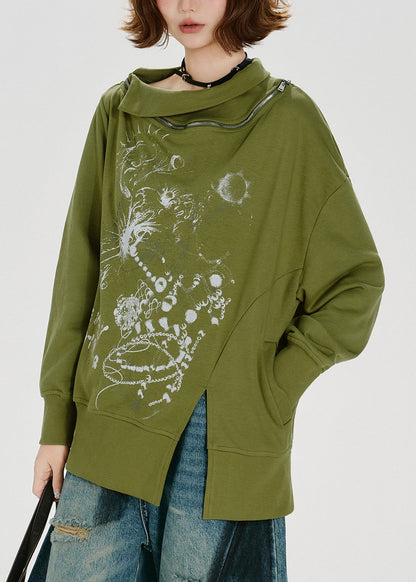 Loose Green Zip Up Print Cotton Pullover Sweatshirt Spring