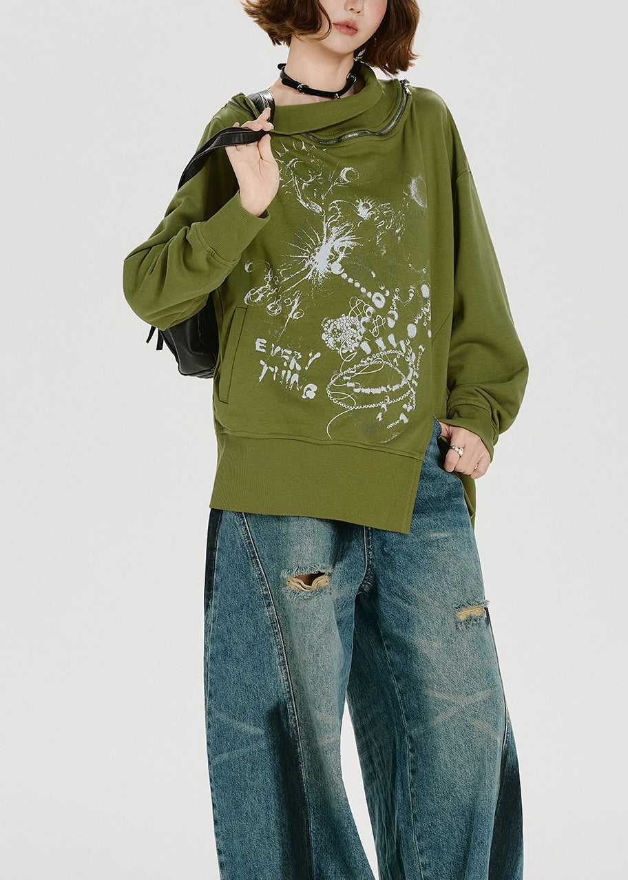 Loose Green Zip Up Print Cotton Pullover Sweatshirt Spring