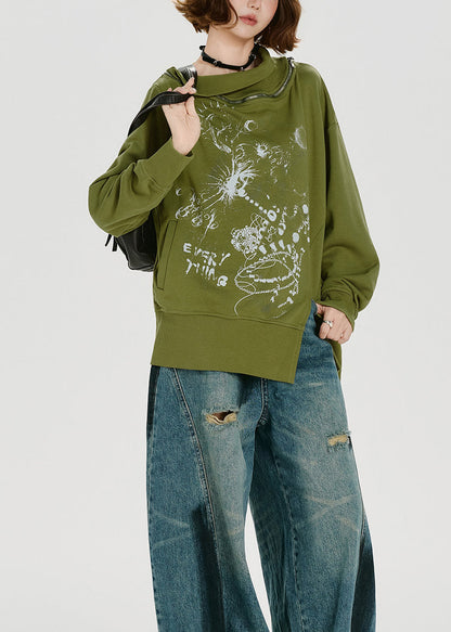 Loose Green Zip Up Print Cotton Pullover Sweatshirt Spring