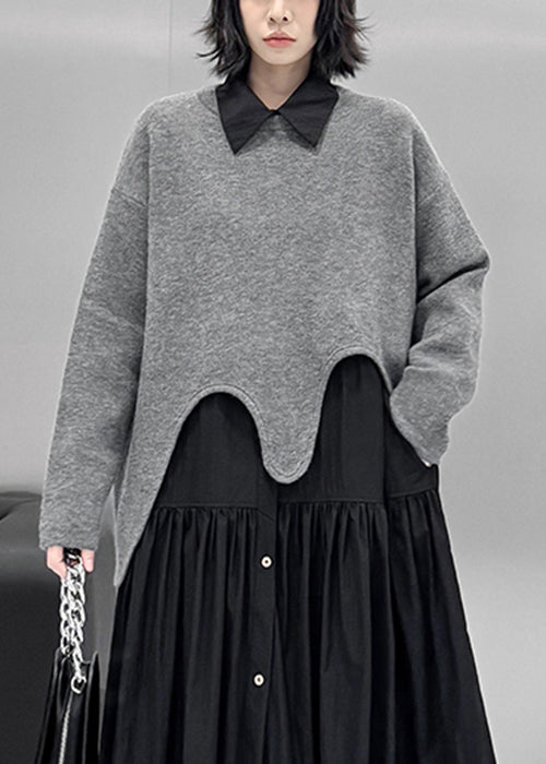 Lockere, graue, asymmetrische, kuschelige Strickpullover-Tops für den Frühling