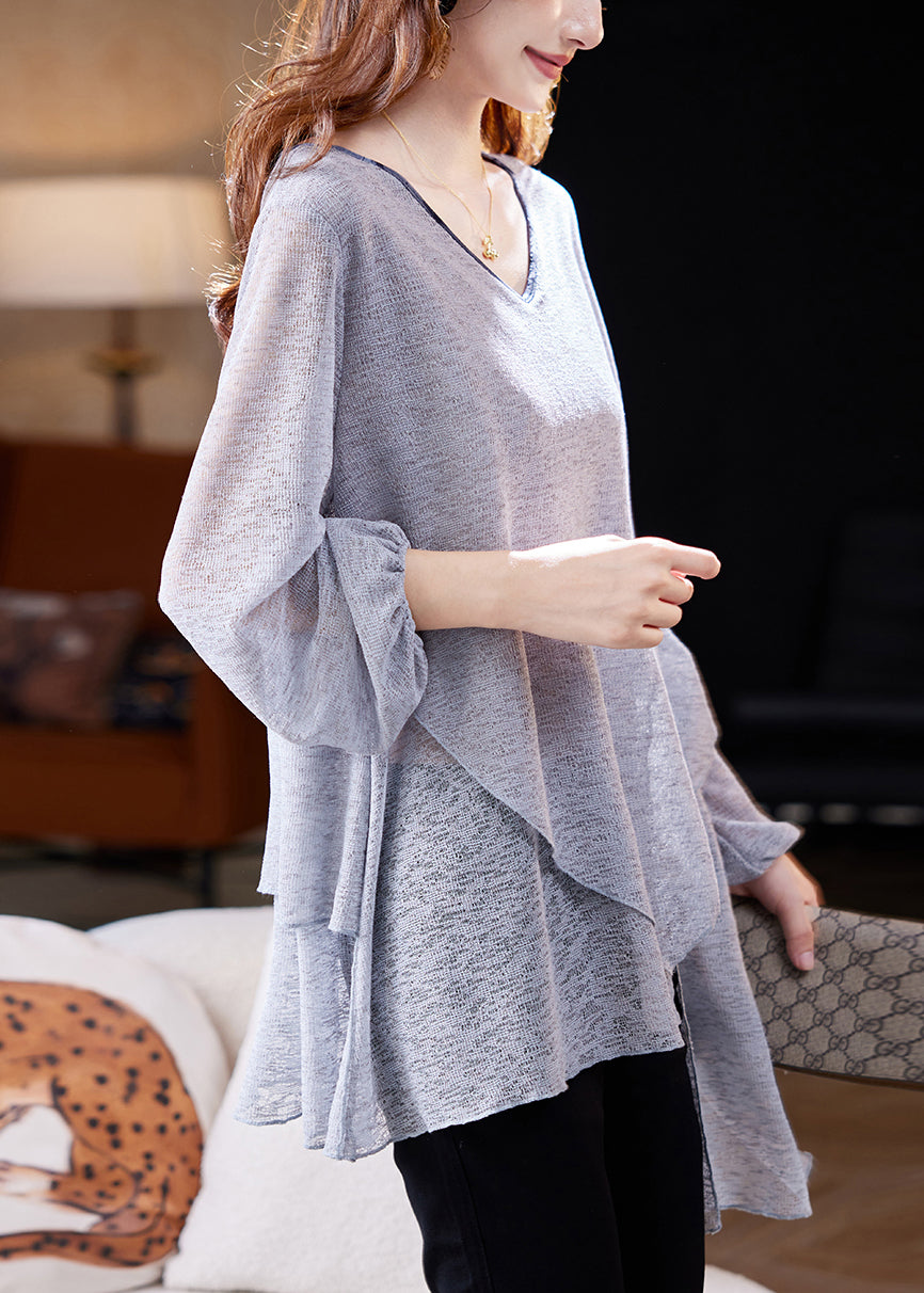 Loose Grey Asymmetrical Solid Thin Knit T Shirts Spring
