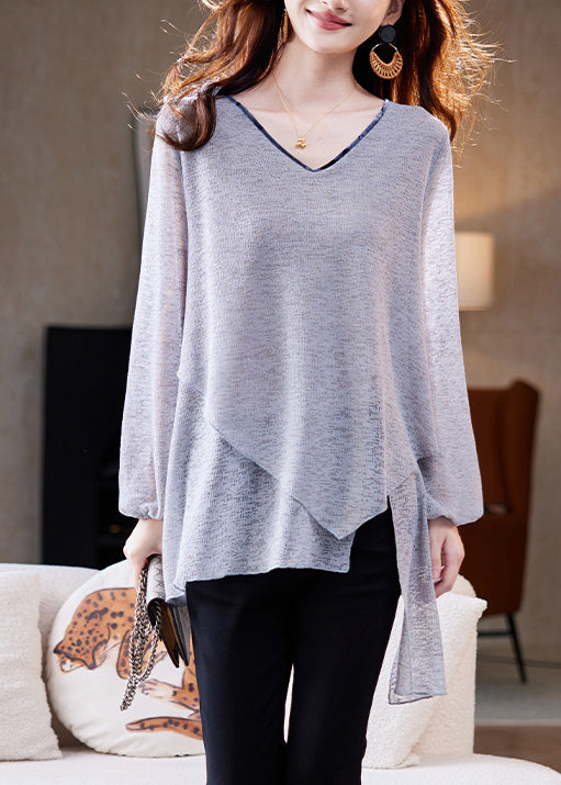 Loose Grey Asymmetrical Solid Thin Knit T Shirts Spring