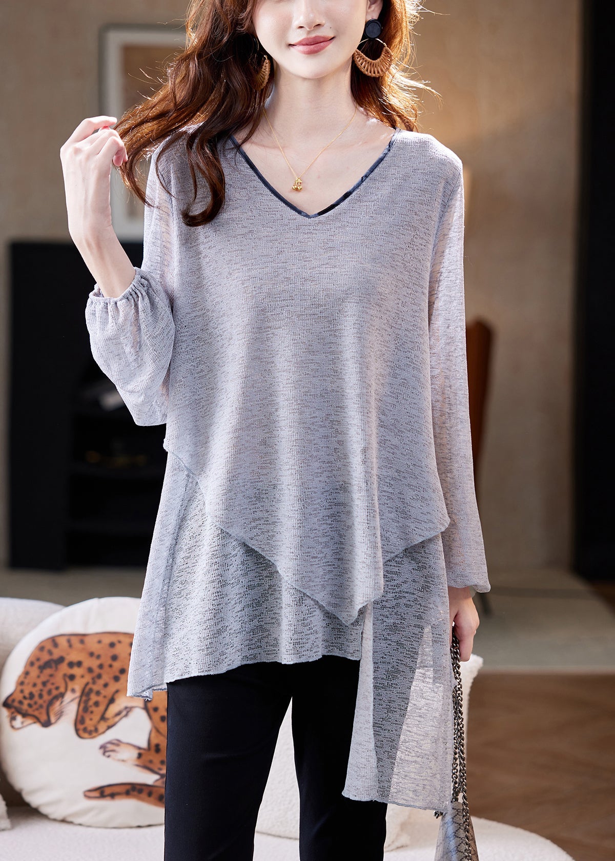 Loose Grey Asymmetrical Solid Thin Knit T Shirts Spring