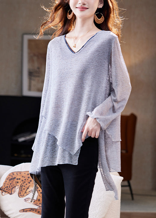 Loose Grey Asymmetrical Solid Thin Knit T Shirts Spring