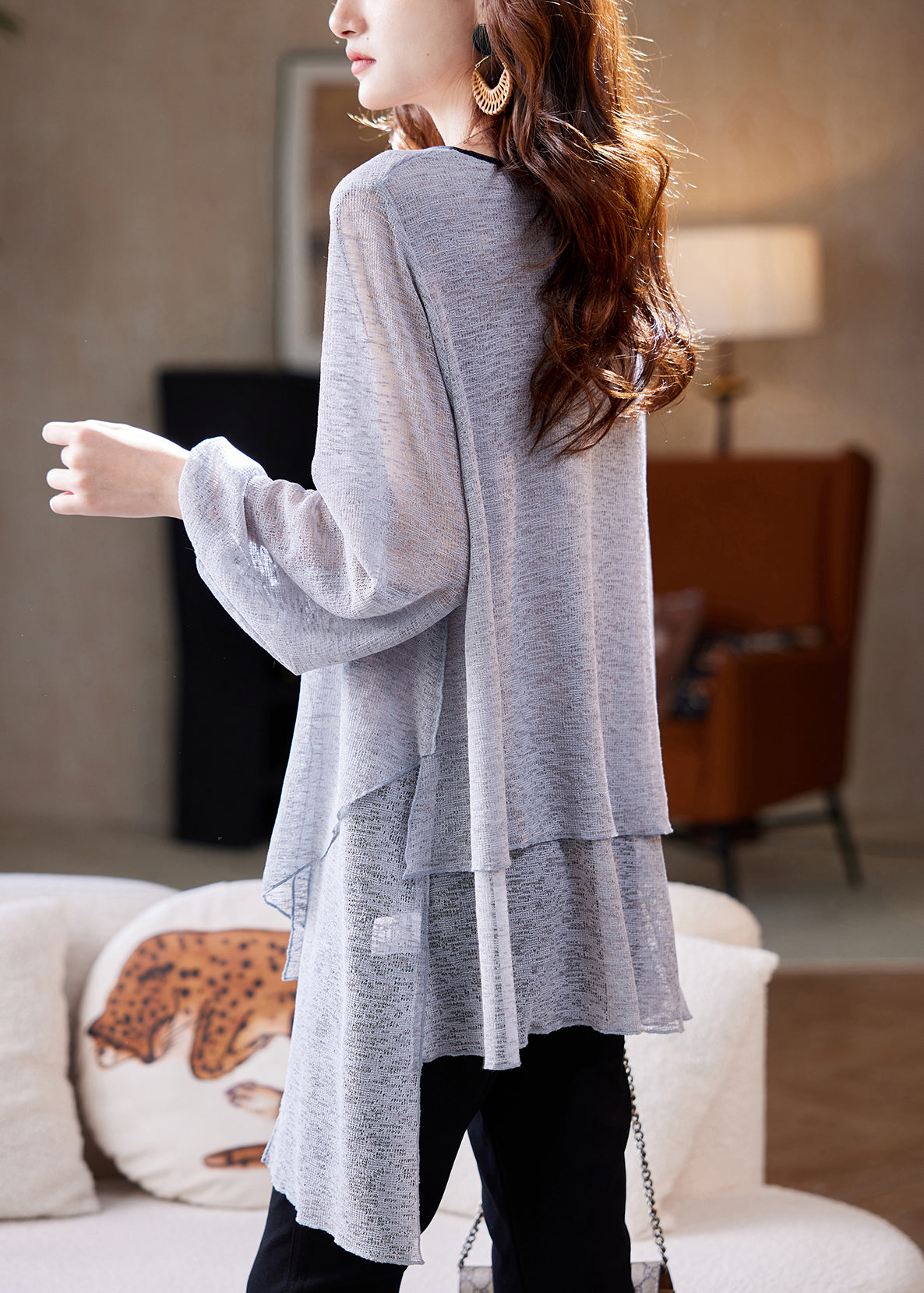 Loose Grey Asymmetrical Solid Thin Knit T Shirts Spring