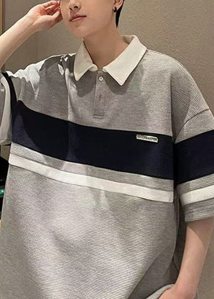 Loose Grey Button Patchwork Cotton Mens Mens Polo Shirts Summer