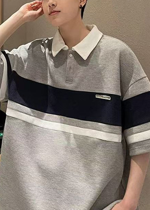 Loose Grey Button Patchwork Cotton Mens Mens Polo Shirts Summer