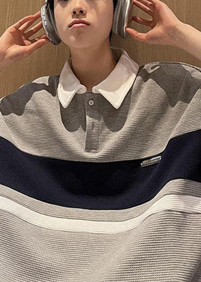 Loose Grey Button Patchwork Cotton Mens Mens Polo Shirts Summer