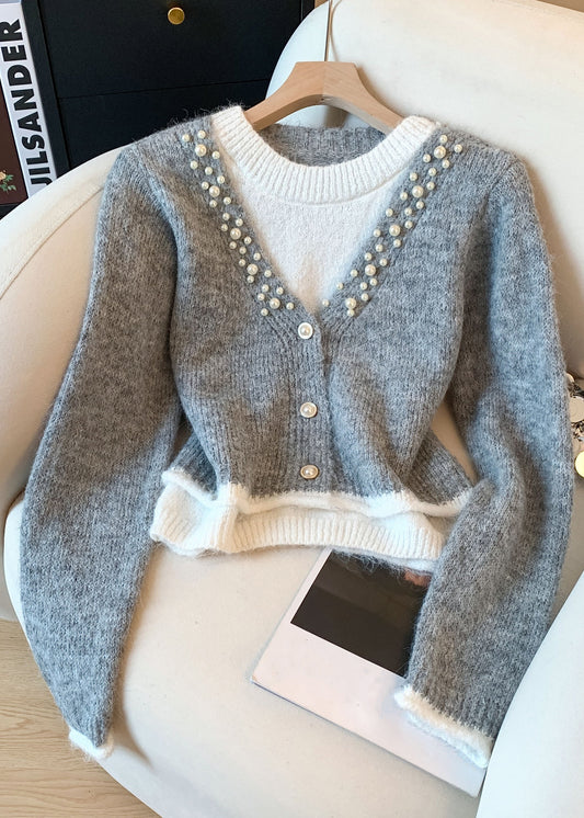 Loose Grey Button Pearl Cozy Patchwork Knit Sweater